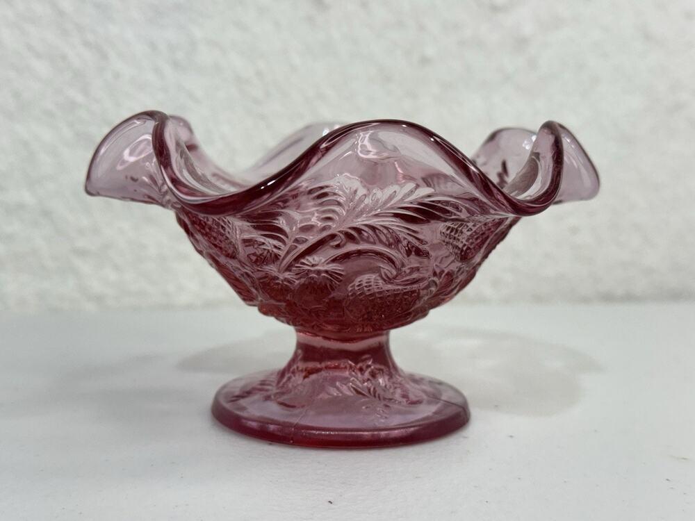 Fenton Art Glass Dusty Rose Strawberry Pattern Pedestal Ruffle Sherbert Dish VTG